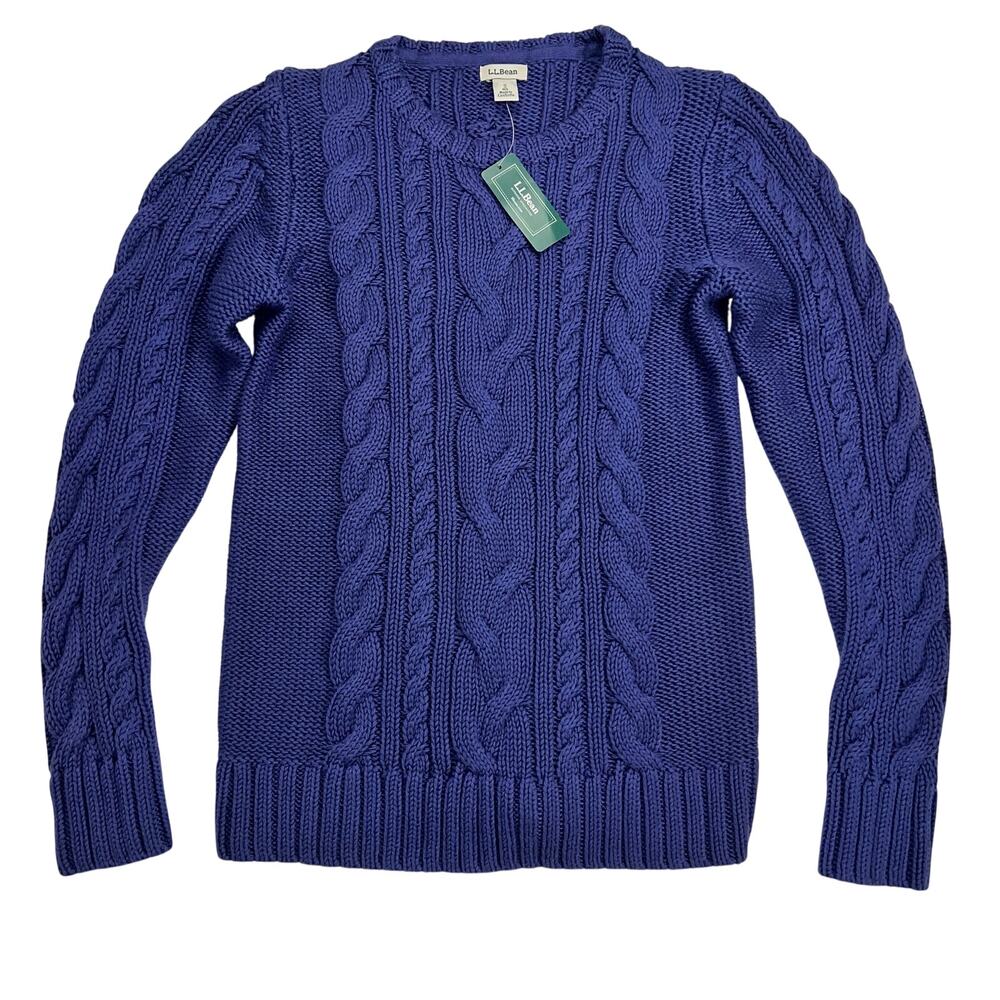 L.L. Bean Double L Cable Knit Crewneck Cotton Sweater Dark Twilight Blue Size S
